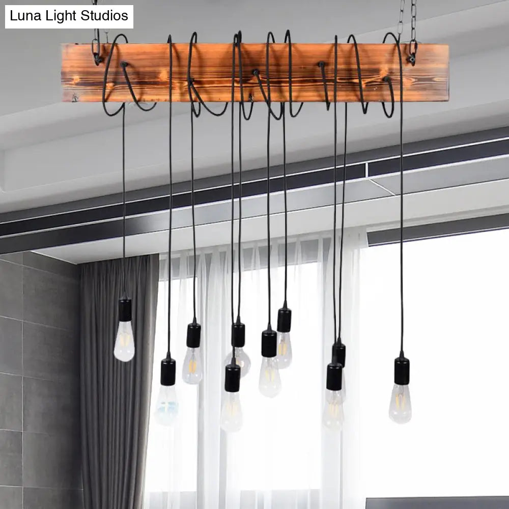 DecorBites™ Rustic Metal Island Lighting with Wooden Beam - Multi Light Suspension Chandelier in Black/Antique Brass