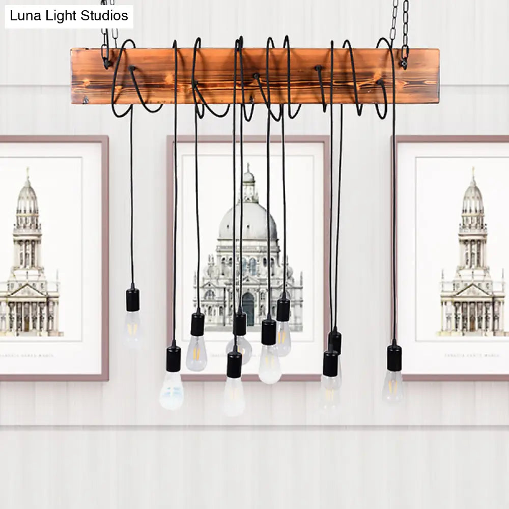 DecorBites™ Rustic Metal Island Lighting with Wooden Beam - Multi Light Suspension Chandelier in Black/Antique Brass