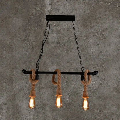 DecorBites™ Rustic Metallic Water Pipe Hanging Lamp with Hemp Rope - Black Restaurant Chandelier