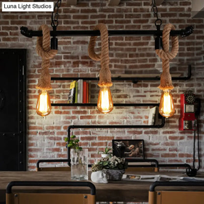 DecorBites™ Rustic Metallic Water Pipe Hanging Lamp with Hemp Rope - Black Restaurant Chandelier