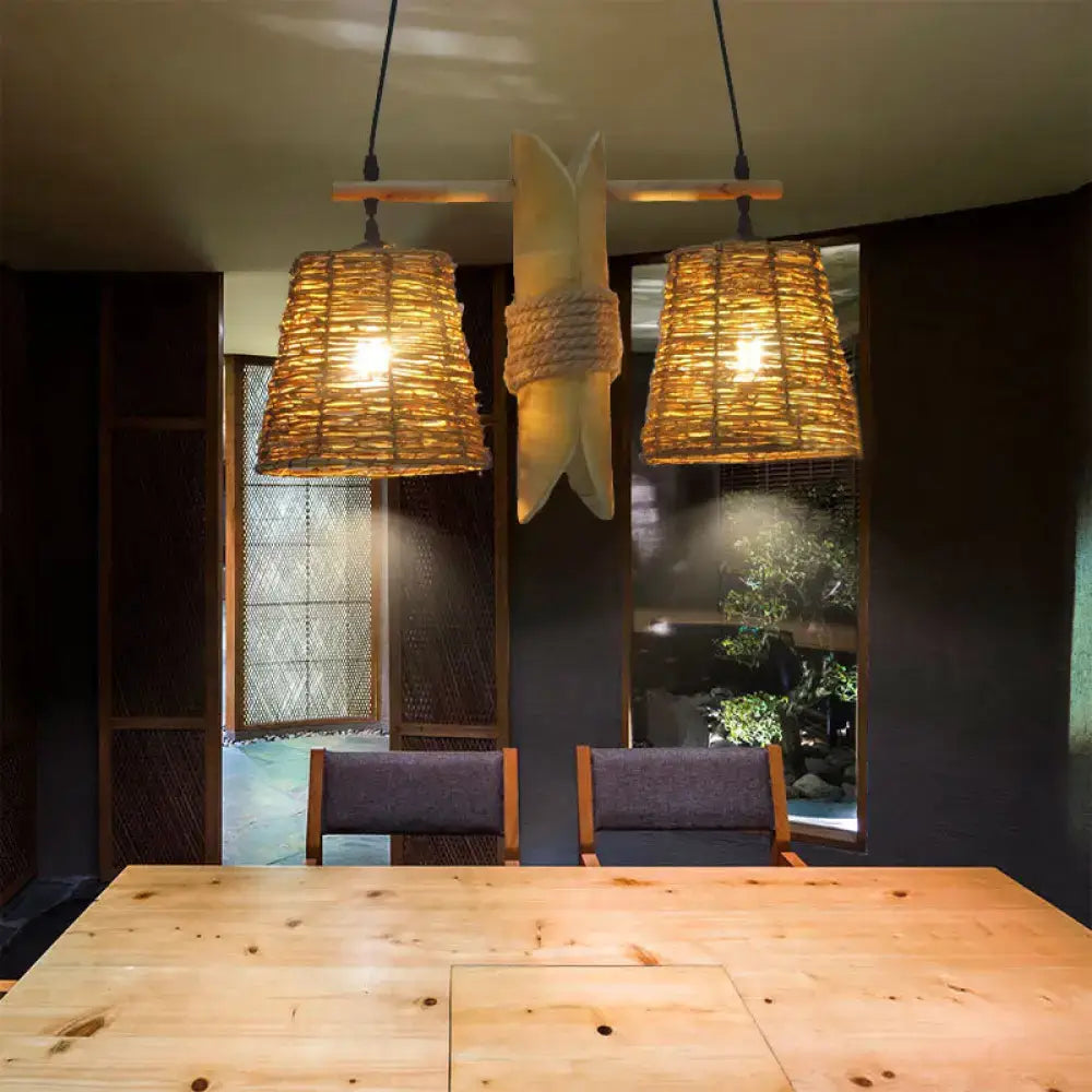 Rustic natural rattan pendant light fixture kitchen island bamboo design