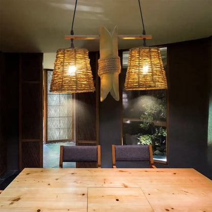 Rustic natural rattan pendant light fixture kitchen island bamboo design