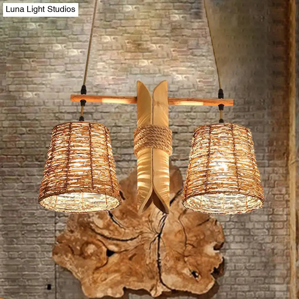 Rustic natural rattan pendant light fixture kitchen island bamboo design