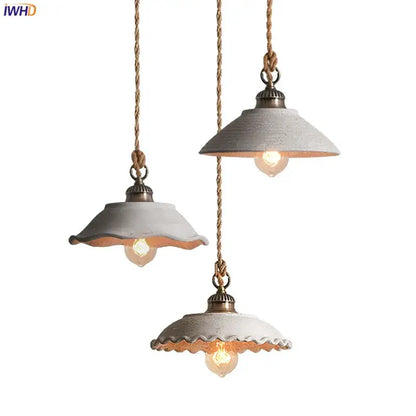 Rustic off white ceramic pendant light kitchen twisted rope trio