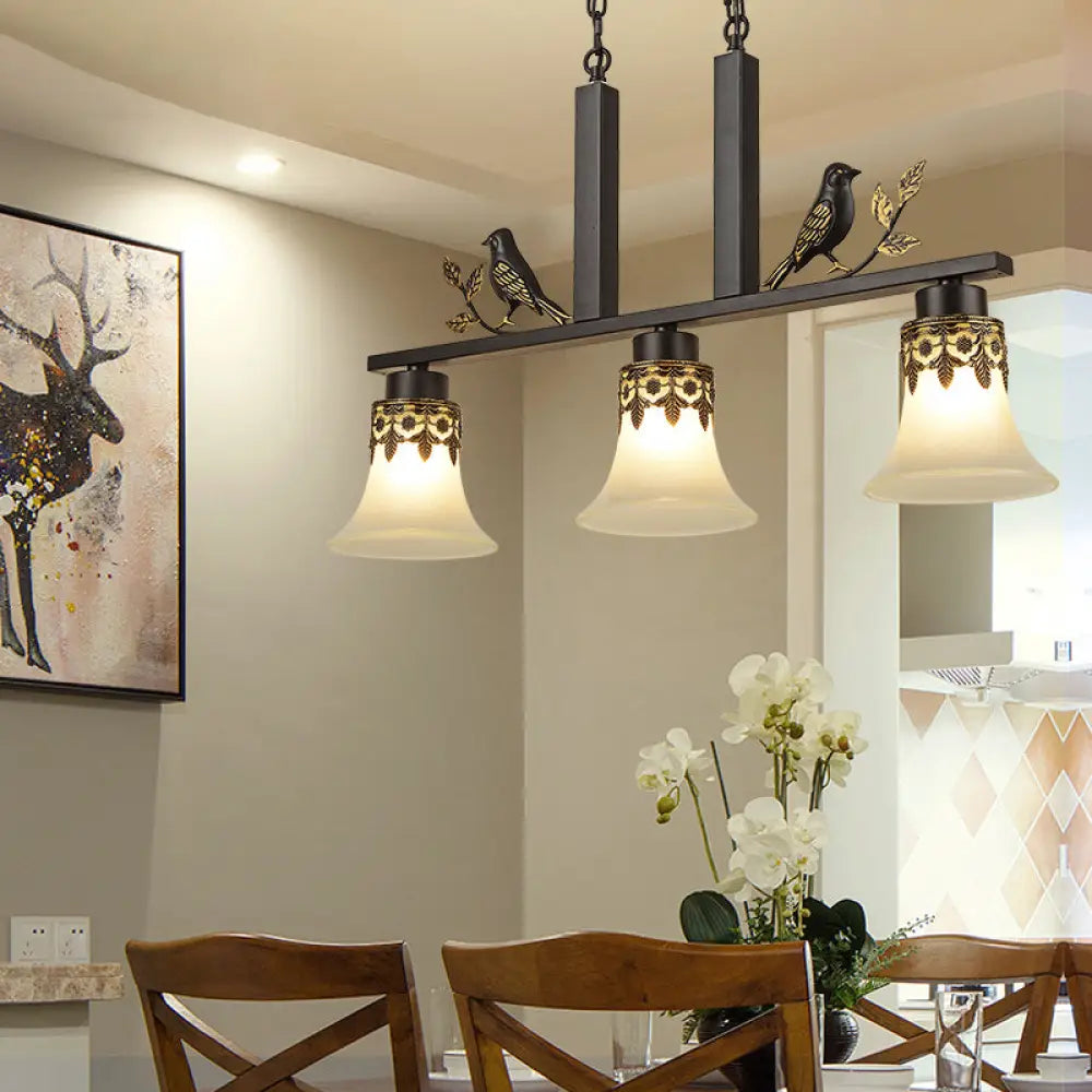 DecorBites™ Rustic Opal Glass Island Pendant with Bird Design - 3-Light Fixture for Dining Room in Frosted Flare Style