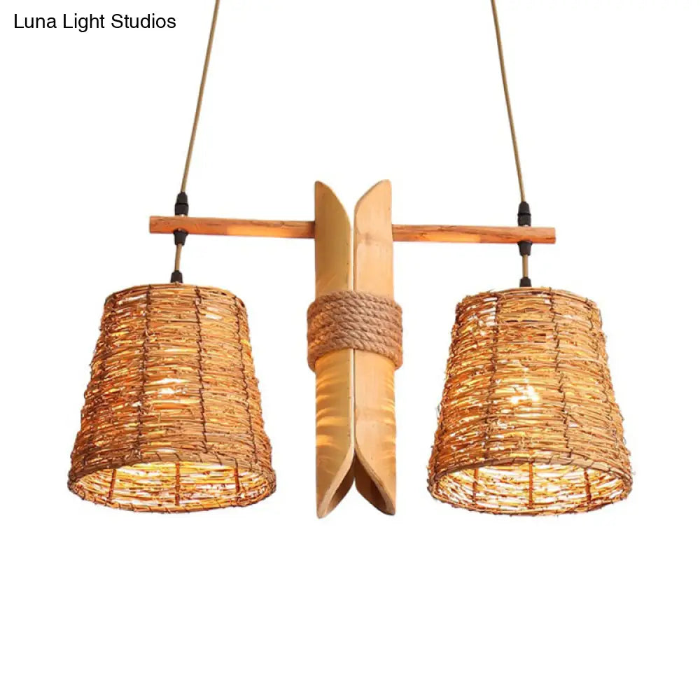 DecorBites™ Rustic Rattan Shade Pendant Light Fixture - 2 Bulbs - Countryside Island Lighting with Bamboo Design