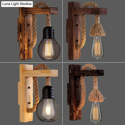 Rustic red wooden wall light with rope – farmhouse bedroom e26 e27