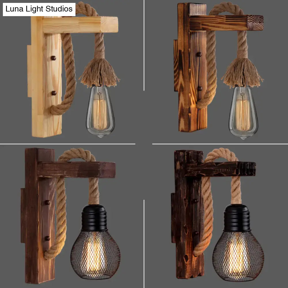 Rustic red wooden wall light with rope – farmhouse bedroom e26 e27