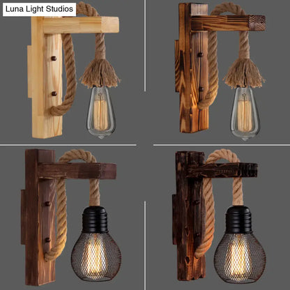 Rustic red wooden wall light with rope – farmhouse bedroom e26 e27