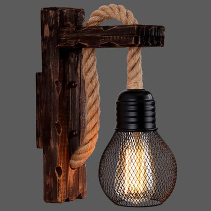 Rustic red wooden wall light with rope – farmhouse bedroom e26 e27
