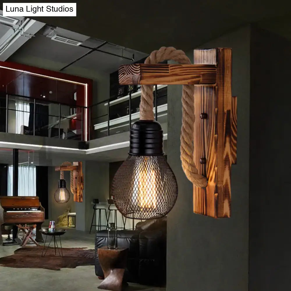 Rustic red wooden wall light with rope – farmhouse bedroom e26 e27