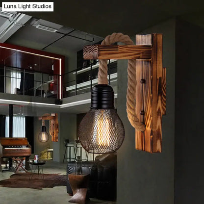 Rustic red wooden wall light with rope – farmhouse bedroom e26 e27