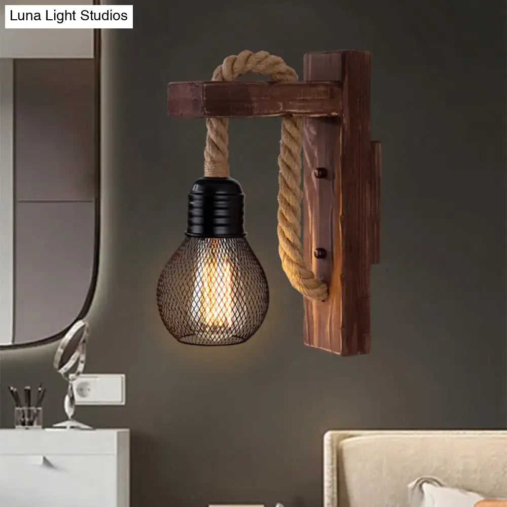 Rustic red wooden wall light with rope – farmhouse bedroom e26 e27