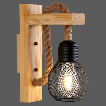 Rustic red wooden wall light with rope – farmhouse bedroom e26 e27
