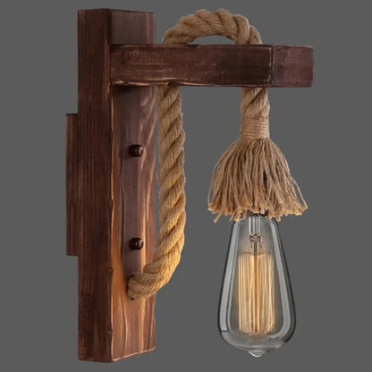 Rustic red wooden wall light with rope – farmhouse bedroom e26 e27