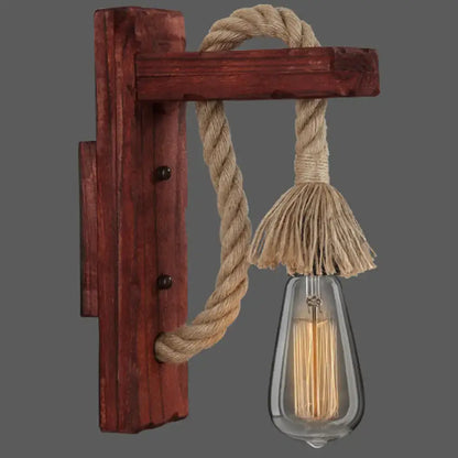 Rustic red wooden wall light with rope – farmhouse bedroom e26 e27