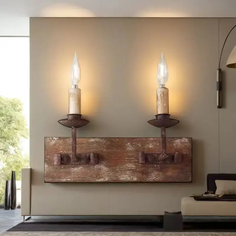 Rustic retro solid wood wall light for bedroom candle sconce