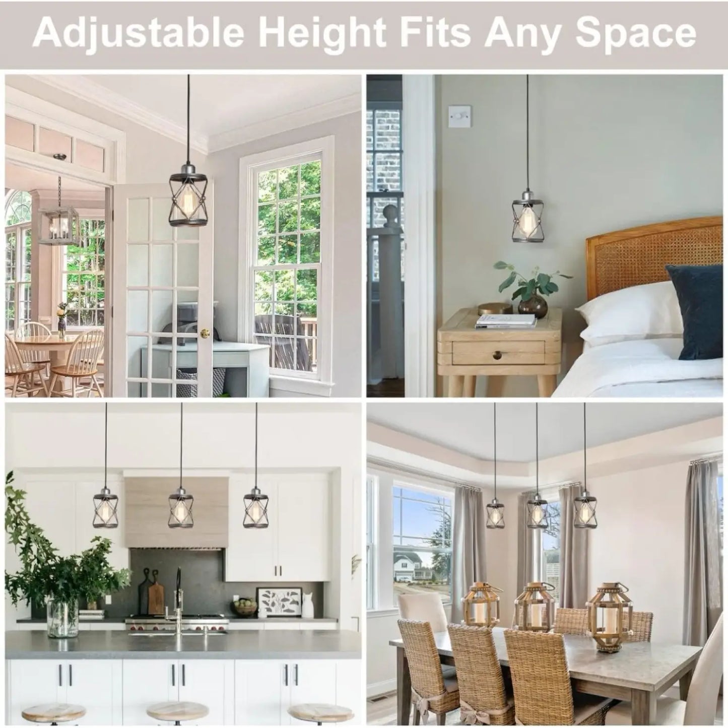 Rustic Silver Metal Pendant Hanging Lights Kitchen with Adjustable LED Lamp