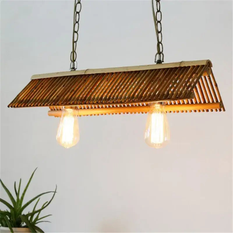 Rustic slatted wood bamboo pendant chandelier kitchen lighting
