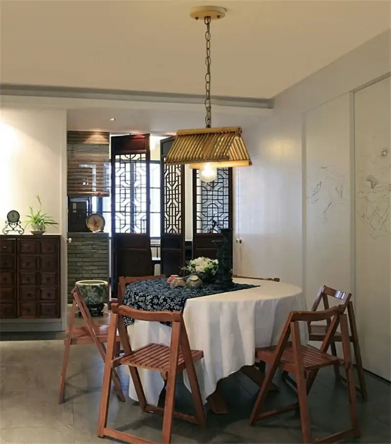 Rustic slatted wood bamboo pendant chandelier kitchen lighting