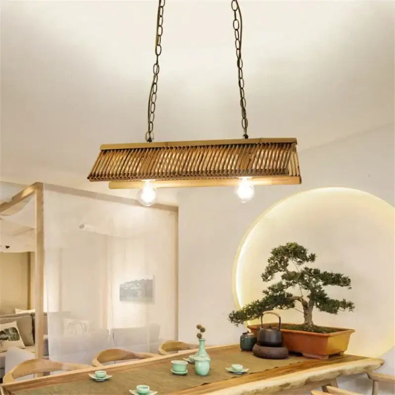 Rustic slatted wood bamboo pendant chandelier kitchen lighting