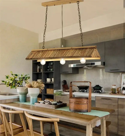 Rustic slatted wood bamboo pendant chandelier kitchen lighting