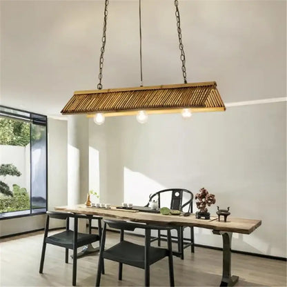 Rustic slatted wood bamboo pendant chandelier kitchen lighting