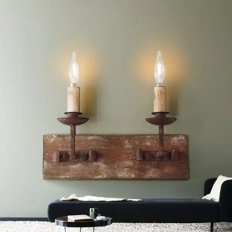 Rustic solid wood retro wall light bedroom candle sconce