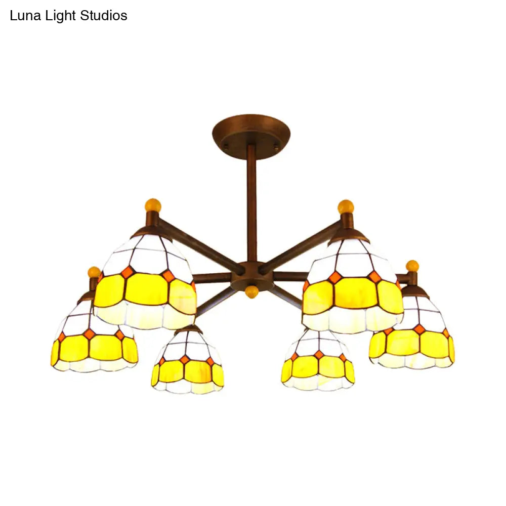 DecorBites™ Rustic Style Stained Glass Domed Hanging Chandelier - 6-Light Yellow/Red/Blue Pendant Light for Dining Room