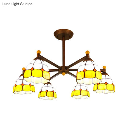 DecorBites™ Rustic Style Stained Glass Domed Hanging Chandelier - 6-Light Yellow/Red/Blue Pendant Light for Dining Room