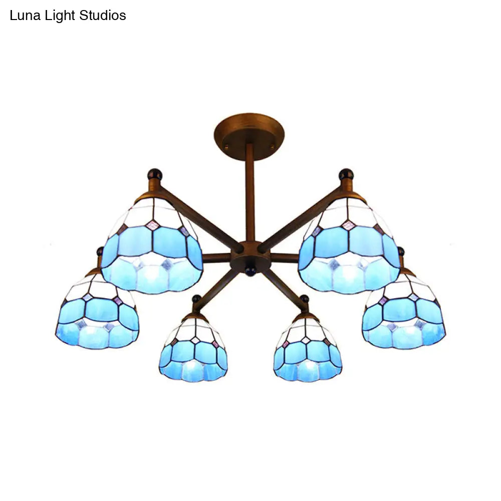 DecorBites™ Rustic Style Stained Glass Domed Hanging Chandelier - 6-Light Yellow/Red/Blue Pendant Light for Dining Room