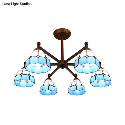DecorBites™ Rustic Style Stained Glass Domed Hanging Chandelier - 6-Light Yellow/Red/Blue Pendant Light for Dining Room