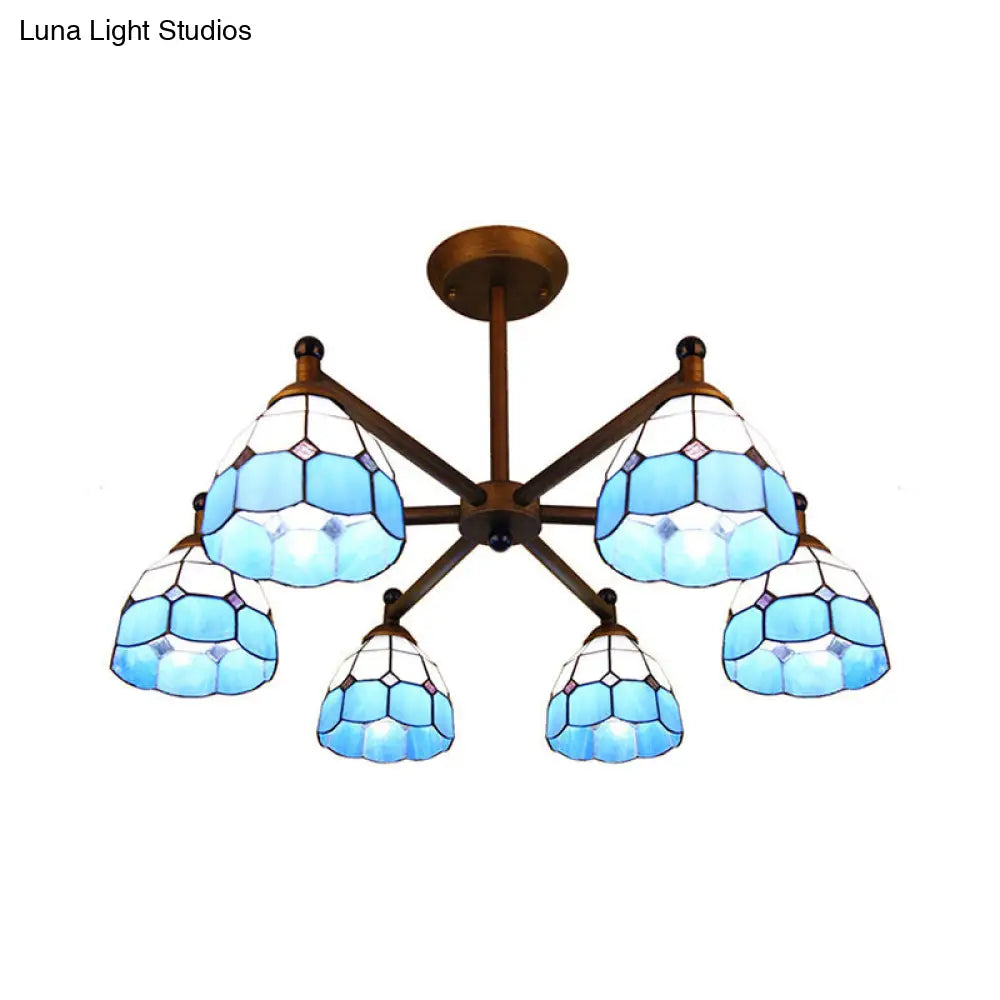 DecorBites™ Rustic Style Stained Glass Domed Hanging Chandelier - 6-Light Yellow/Red/Blue Pendant Light for Dining Room
