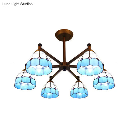 DecorBites™ Rustic Style Stained Glass Domed Hanging Chandelier - 6-Light Yellow/Red/Blue Pendant Light for Dining Room