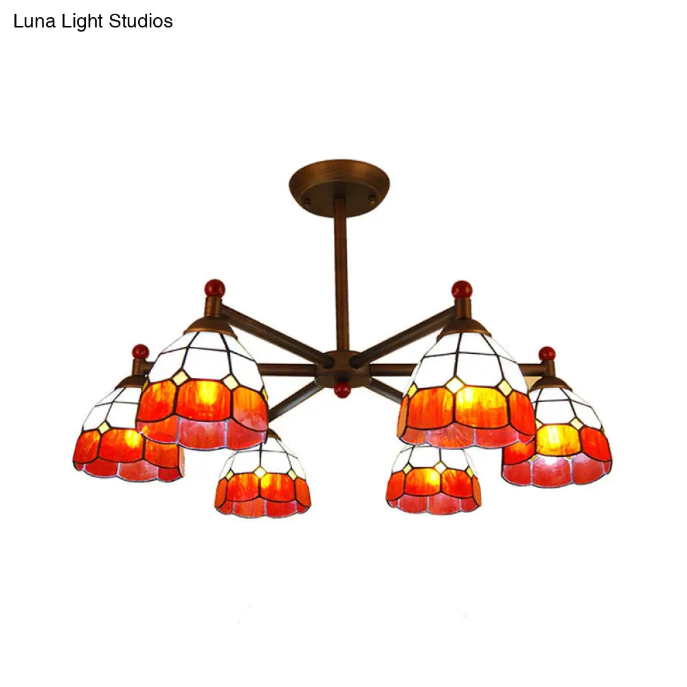 DecorBites™ Rustic Style Stained Glass Domed Hanging Chandelier - 6-Light Yellow/Red/Blue Pendant Light for Dining Room