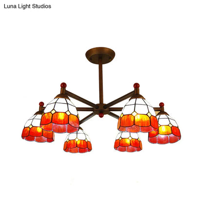 DecorBites™ Rustic Style Stained Glass Domed Hanging Chandelier - 6-Light Yellow/Red/Blue Pendant Light for Dining Room