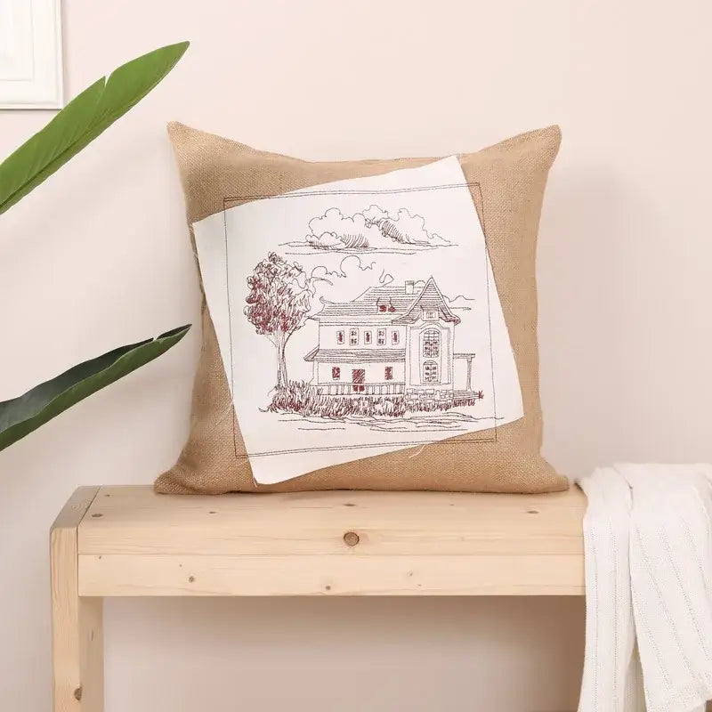 Rustic tan burlap deer house embroidered pillow cover living room