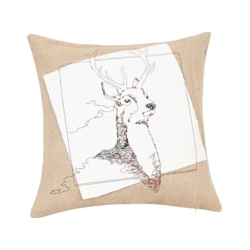 Rustic tan burlap deer house embroidered pillow cover living room