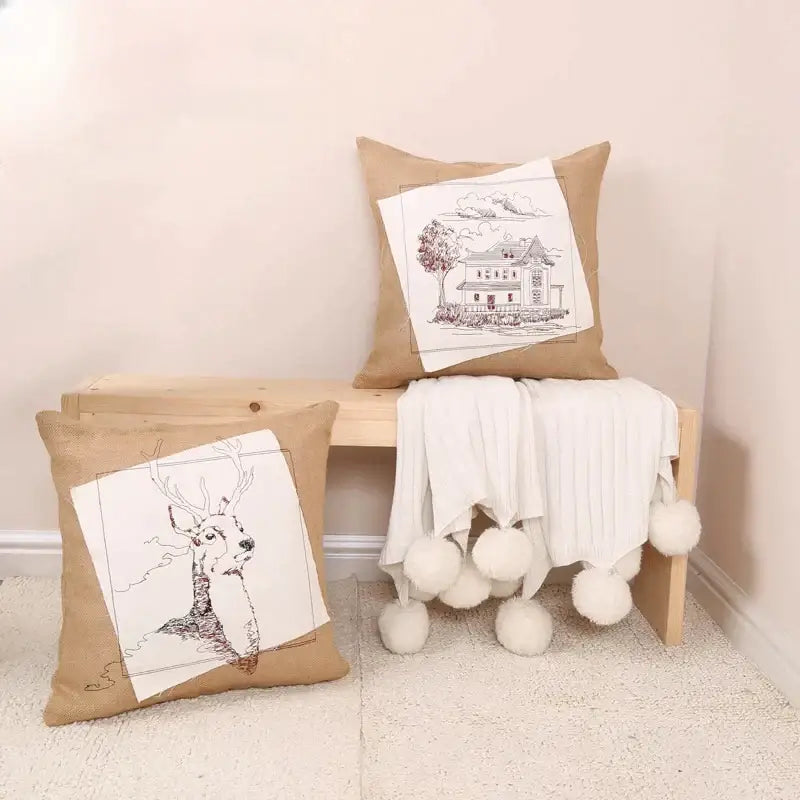 Rustic tan burlap deer house embroidered pillow cover living room
