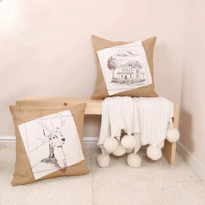 Rustic tan burlap deer house embroidered pillow cover living room