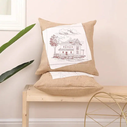 Rustic tan burlap deer house embroidered pillow cover living room