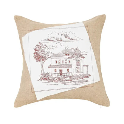 Rustic tan burlap deer house embroidered pillow cover living room
