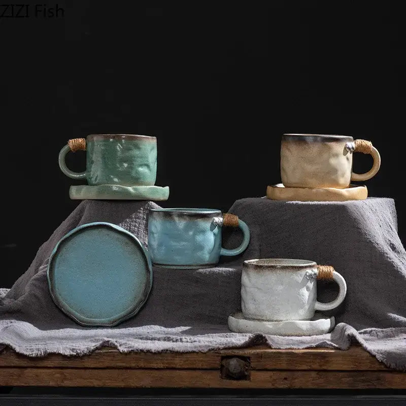Rustic teal coarse pottery cup and saucer set – dining room mug