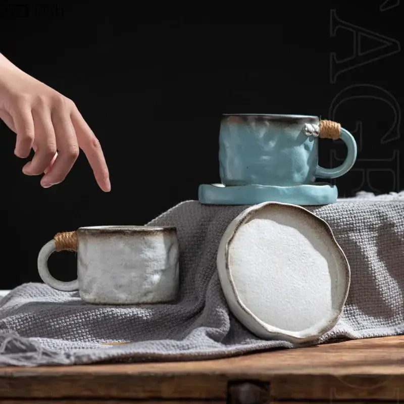 Rustic teal coarse pottery cup and saucer set – dining room mug