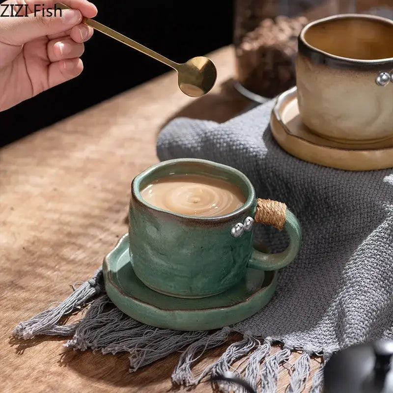 Rustic teal coarse pottery cup and saucer set – dining room mug