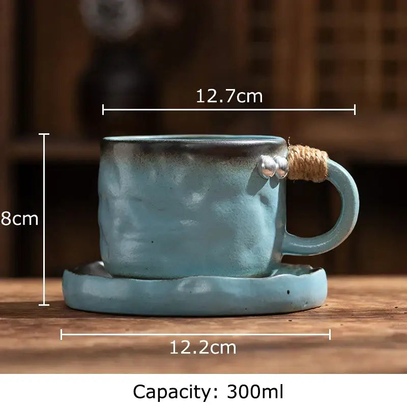 Rustic teal coarse pottery cup and saucer set – dining room mug