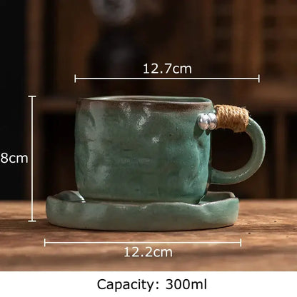 Rustic teal coarse pottery cup and saucer set – dining room mug