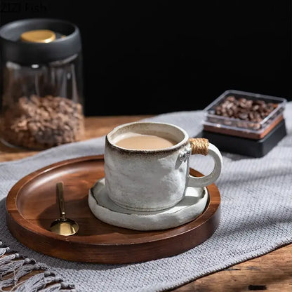 Rustic teal coarse pottery cup and saucer set – dining room mug