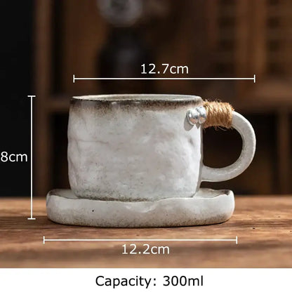 Rustic teal coarse pottery cup and saucer set – dining room mug