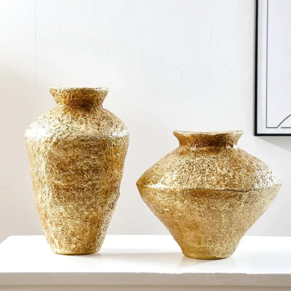 Rustic textured golden vase resin handicraft – living room decor